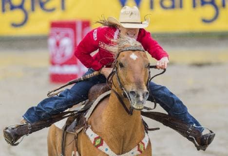 May 20, 2019 - Surrey, British Columbia, Canada - NIKKI HANSEN from Dickinson ND rides in the barrel racing competition to finish 6th with a time of 16.714 at the Cloverdale Invitational Rodeo on May 20 2019 in Surrey, BC. The Cloverdale Invitational Rodeo 2019 - ZUMAg236 20190520_spo_g236_103 Copyright: xCaraxGrimshawx
