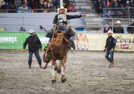 May 20, 2019 - Surrey, British Columbia, Canada - MITCH POLLOCK from Winnemucca NV rides in the saddle bronc competition to win with a score of 91 at the Cloverdale Invitational Rodeo on May 20 2019 in Surrey, BC. The Cloverdale Invitational Rodeo 2019 - ZUMAg236 20190520_spo_g236_093 Copyright: xCaraxGrimshawx