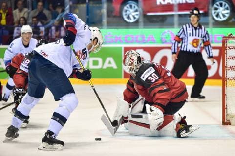 (190522) -- KOSICE, May 22, 2019 -- Matt Murray (R) of Canada stops the shot from James van Riemsdyk of the United States during the 2019 IIHF Ice hockey, Eishockey World Championship, WM, Weltmeisterschaft Slovakia group A game between Canada and the United States at Steel Arena in Kosice, Slovakia, on May 21, 2019. Canada won 3-0. ) (SP)SLOVAKIA-KOSICE-ICE HOCKEY-IIHF-WORLD CHAMPIONSHIP-GROUP A-CAN VS USA LukaszxLaskowski 