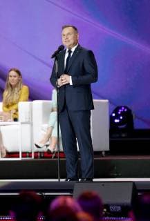 May 21, 2019 - Krakow, Poland - The President of Poland Andrzej Duda speaks after a tennis match in honor of Agnieszka Radwanska career. An event was held in honor of Polish tennis player Agnieszka Radwanska, who ended her sports career as she was the best Polish tennis player in history. A farewell match for tennis player Agnieszka Radwanska in Krakow, Poland - 21 May 2019 - ZUMAs197 20190521_zaa_s197_253 Copyright: xDamianxKlamkax