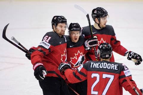 190523 Mark Stone, Jonathan Marchessault, Pierre Luc Dubois and Shea Theodore of Canada celebrates after 1 1 during the 2019 IIHF Ice Hockey World Championship quarterfinal game between Canada and Switzerland on May 23, 2019 in Kosice Photo Joel Marklund BILDBYRAN kod JM 87956,  Copyright: JOELxMARKLUND BB190523JM020