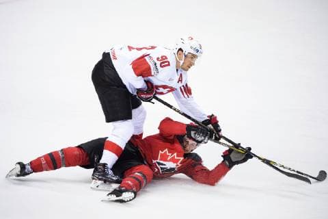190523 Roman Josi of Switzerland and Anthony Cirelli of Canada during the 2019 IIHF Ice Hockey World Championship quarterfinal game between Canada and Switzerland on May 23, 2019 in Kosice Photo Joel Marklund BILDBYRAN kod JM 87956,  Copyright: JOELxMARKLUND BB190523JM022