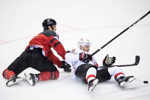 190523 Philippe Myers of Canada and Tristan Scherwey of Switzerland during the 2019 IIHF Ice Hockey World Championship quarterfinal game between Canada and Switzerland on May 23, 2019 in Kosice Photo Joel Marklund BILDBYRAN kod JM 87956,  Copyright: JOELxMARKLUND BB190523JM023
