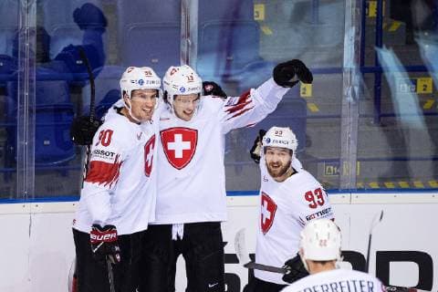 190523 Roman Josi, Nico Hischier, Lino Martschini and Nino Niederreiter of Switzerland celebrates after 1 2 during the 2019 IIHF Ice Hockey World Championship quarterfinal game between Canada and Switzerland on May 23, 2019 in Kosice Photo Joel Marklund BILDBYRAN kod JM 87956,  Copyright: JOELxMARKLUND BB190523JM024