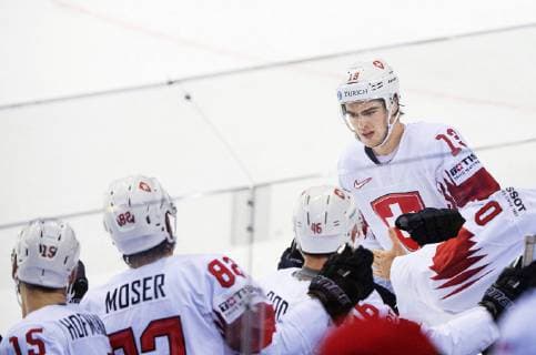 190523 Nico Hischier celebrates after scoring 1 2 during the 2019 IIHF Ice Hockey World Championship quarterfinal game between Canada and Switzerland on May 23, 2019 in Kosice Photo Joel Marklund BILDBYRAN kod JM 87956,  Copyright: JOELxMARKLUND BB190523JM025