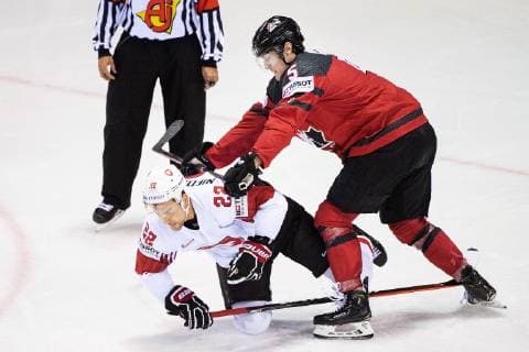 190523 Nino Niederreiter of Switzerland and Philippe Myers of Canada during the 2019 IIHF Ice Hockey World Championship quarterfinal game between Canada and Switzerland on May 23, 2019 in Kosice Photo Joel Marklund BILDBYRAN kod JM 87956,  Copyright: JOELxMARKLUND BB190523JM027