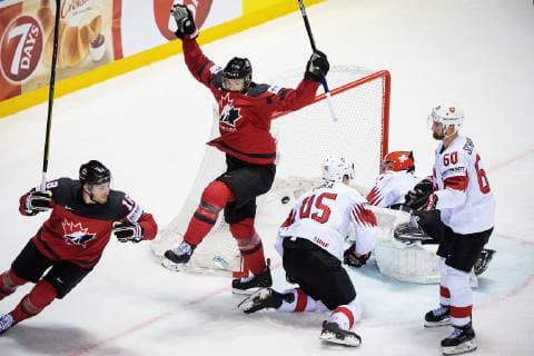 190523 Pierre Luc Dubois and Sean Couturier of Canada celebrates after 2 2 during the 2019 IIHF Ice Hockey World Championship quarterfinal game between Canada and Switzerland on May 23, 2019 in Kosice Photo Joel Marklund BILDBYRAN kod JM 87956,  Copyright: JOELxMARKLUND BB190523JM034