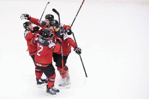 190523 Jonathan Marchessault, Mark Stone, Thomas Chabot and Damon Severson of Canada celebrates 2 2 during the 2019 IIHF Ice Hockey World Championship quarterfinal game between Canada and Switzerland on May 23, 2019 in Kosice Photo Joel Marklund BILDBYRAN kod JM 87956,  Copyright: JOELxMARKLUND BB190523JM036