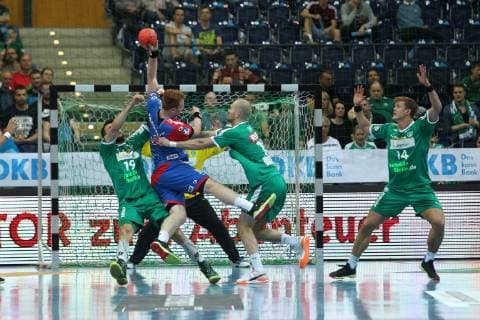 SC DHfK Leipzig vs. HC Erlangen, DKB HBL, 23 05 19 Handball, 1 Bundesliga, Season 2018 2019, 32 Matchday SC DHfK Leipzig vs. HC Erlangen on 23 05 19 in the Arena Leipzig pictured Nicolai Theilinger 3, Erlangen vs. Bastian ROSCHECK 19, DHfK Leipzig and Maximilian JANKE 13, DHfK Leipzig