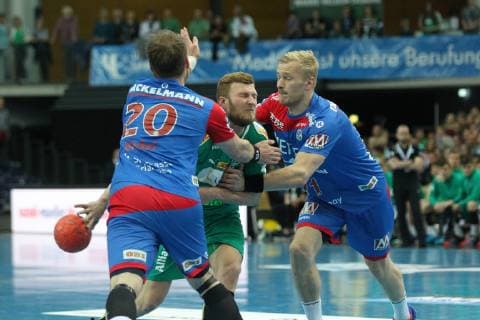 SC DHfK Leipzig vs. HC Erlangen, DKB HBL, 23 05 19 Handball, 1 Bundesliga, season 2018 2019, 32 Matchday SC DHfK Leipzig vs. HC Erlangen on 23 05 19 in the Arena Leipzig Im Bild Philipp WEBER 20, DHfK Leipzig vs. Nico Buedel 20, Erlangen and Andreas Schroeder 71, Erlangen