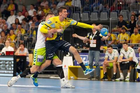 Rhein Neckar Loewen Goeppingen Mannheim, Germany 23 May 2019 Handball Bundesliga 31 Matchday, in the SAP Arena from left in the duel Jacob Bagersted Goeppingen and Andy Schmid Loewen , action single picture with ball