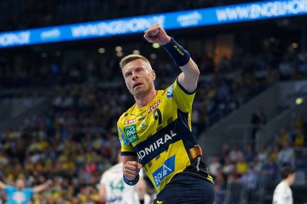 Rhein Neckar Loewen Goeppingen Mannheim, Germany 23 May 2019 Handball Bundesliga 31 Matchday, in the SAP Arena Gudjon Valur Sigurdsson Loewen , action single picture cheering joy emotion goal cheering goal scorer goal scorer gesticulation gesticulation gesticulated
