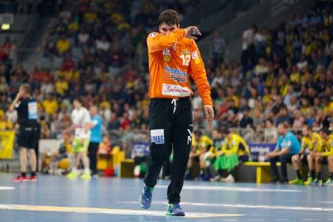 Rhein Neckar Loewen Goeppingen Mannheim, Germany 23 May 2019 Handball Bundesliga 31 matchday, in the SAP Arena goalkeeper Daniel Rebmann Goeppingen , action single frame clipping dissatisfied disappointed disappointed dejected frustrated