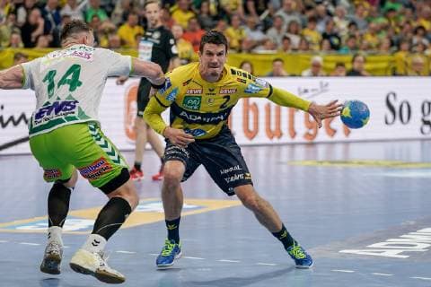 v li Jacob Bagersted Göppingen, 14 , Andre Schmid Andy Schmid, RNL, 2 , action, action, game scene, 23 05 2019, Mannheim, handball, DKB Bundesliga, Rhein Neckar Löwen FRISCH AUF Göppingen xozx