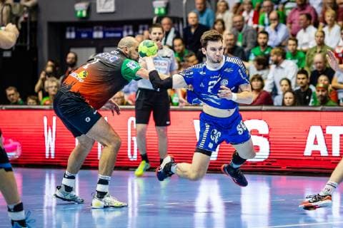 Fynn Herzig 27 VfL Gummersbach , Zeljko Musa 2 SC Magdeburg during the season 2018 2019 in the 1 Handball Bundesliga Men between SC Magdeburg and VfL Gummersbach in the GETEC Arena on 23 May 2019 in Magdeburg, Sachsen Anhalt Saxony Anhalt , Germany Germany Germany