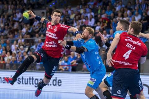Stuttgart, Germany 23 May 2019 HBL 18 19 TVB 1898 Stuttgart vs SG Flensburg Handewitt v li Rasmus Lauge Schmidt Flensburg , Manuel Spaeth Stuttgart , Dominik Weiss Stuttgart , Johannes Golla Flensburg Stuttgart Porsche Arena Baden Württemberg Germany