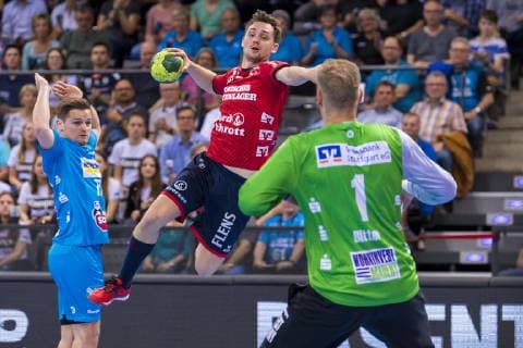 Stuttgart, Germany 23 May 2019 HBL 18 19 TVB 1898 Stuttgart vs. SG Flensburg Handewitt v left David Schmidt Stuttgart , Hampus Wanne Flensburg , Torhueter Johannes Bitter Stuttgart Stuttgart Porsche Arena Baden Württemberg Germany