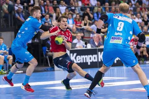 Stuttgart, Germany 23 May 2019 HBL 18 19 TVB 1898 Stuttgart vs SG Flensburg Handewitt v left Tobias Schimmelbauer Stuttgart , Magnus Abelvik Rod Roed Flensburg , Manuel Spaeth Stuttgart Stuttgart Porsche Arena Baden Württemberg Germany