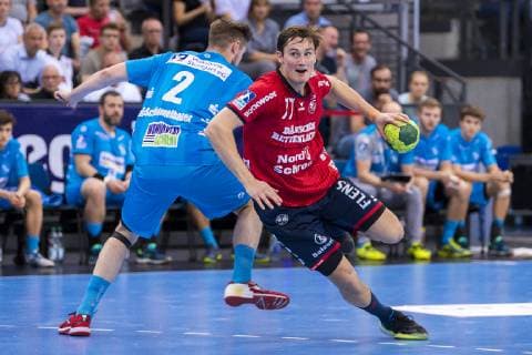 Stuttgart, Germany 23 May 2019 HBL 18 19 TVB 1898 Stuttgart vs SG Flensburg Handewitt v left Tobias Schimmelbauer Stuttgart , Magnus Abelvik Rod Roed Flensburg Stuttgart Porsche Arena Baden Württemberg Germany