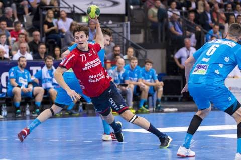 Stuttgart, Germany 23 May 2019 HBL 18 19 TVB 1898 Stuttgart vs SG Flensburg Handewitt Magnus Abelvik Rod Roed Flensburg Stuttgart Porsche Arena Baden Württemberg Germany