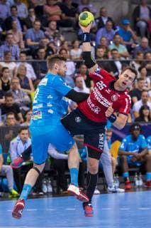 Stuttgart, Germany 23 May 2019 HBL 18 19 TVB 1898 Stuttgart vs SG Flensburg Handewitt v left Tobias Schimmelbauer Stuttgart , Rasmus Lauge Schmidt Flensburg Stuttgart Porsche Arena Baden Württemberg Germany