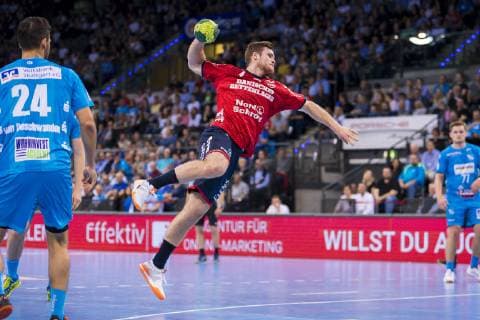 Stuttgart, Germany 23 May 2019 HBL 18 19 TVB 1898 Stuttgart vs SG Flensburg Handewitt v li Lukas von Deschwanden Stuttgart , Johannes Golla Flensburg Stuttgart Porsche Arena Baden Württemberg Germany