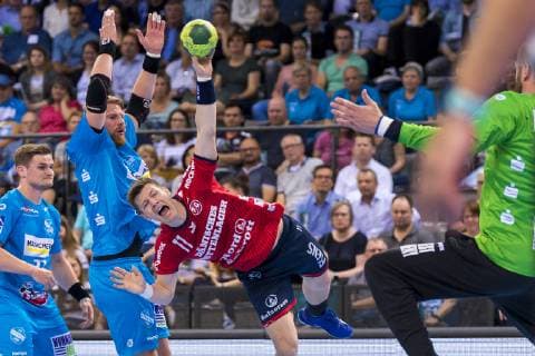 Stuttgart, Germany 23 May 2019 HBL 18 19 TVB 1898 Stuttgart vs SG Flensburg Handewitt v left David Schmidt Stuttgart , Manuel Spaeth Stuttgart , Lasse Svan Flensburg , Torhueter Johannes Bitter Stuttgart Stuttgart Porsche Arena Baden Württemberg Germany