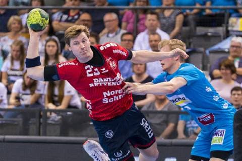 Stuttgart, Germany 23 May 2019 HBL 18 19 TVB 1898 Stuttgart vs SG Flensburg Handewitt Goran Sogard Johannessen Flensburg , Torbjoern Bergerud Flensburg Stuttgart Porsche Arena Baden Württemberg Germany