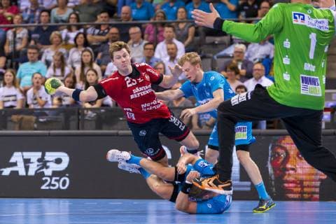 Stuttgart, Germany 23 May 2019 HBL 18 19 TVB 1898 Stuttgart vs SG Flensburg Handewitt v li Goran Sogard Johannessen Flensburg , David Schmidt Stuttgart , Sascha Pfattheicher Stuttgart , Torhueter Johannes Bitter Stuttgart Stuttgart Porsche Arena Baden Württemberg Germany