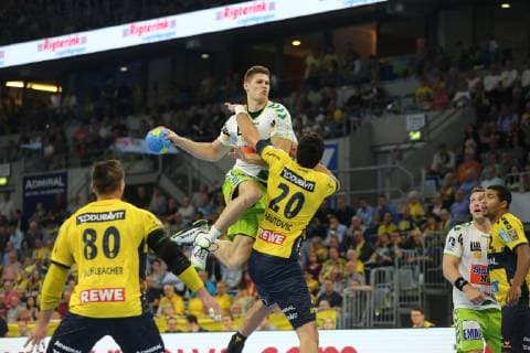 Sebastian Heymann Goeppingen in a duel with Ilija Abutovic Loewen at the game Rhein Neckar Loewen vs Frisch Auf Goeppingen in the 1 Handball Bundesliga on 23 05 2019, Rhein Neckar Loewen vs Frisch auf Goeppingen, Handball, 1 Handball Bundesliga, 23 05 2019 Mannheim Copyright: xEIBNER MichaelxBermelx EP_eer