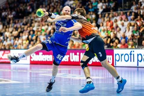 Alexander Becker 45 VfL Gummersbach , Piotr Chrapkowski 3 SC Magdeburg during the season 2018 2019 in the 1 Handball Bundesliga Men between SC Magdeburg and VfL Gummersbach in the GETEC Arena on 23 May 2019 in Magdeburg, Sachsen Anhalt Saxony Anhalt , Germany Germany Germany
