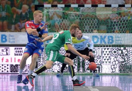 Philipp Weber DHfK 20 against Andreas Schröder Schroeder Erlangen 71 at the game SC DHfK Leipzig vs. HC Erlangen, Handball, 1 League, 23 05 19 SC DHfK Leipzig vs. HC Erlangen, Handball, 1 League, 23 05 19 Leipzig Copyright: xEIBNER ChristianxModlax EP_CMA