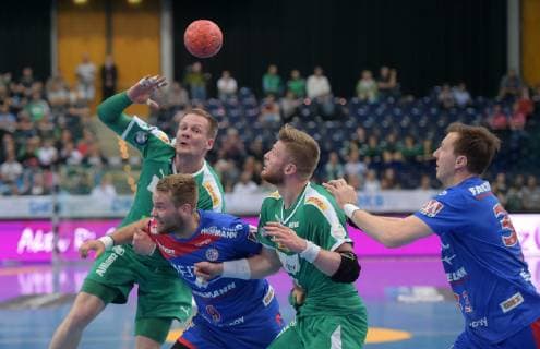 Aivis Jurdzs DHfK 7 , Petter verby Oeverby Erlangen 9 , Maciej Gebala DHfK 28 , Nikolai Link Erlangen 33 l r at the game SC DHfK Leipzig vs. HC Erlangen, Handball, 1 League, 23 05 19 SC DHfK Leipzig vs. HC Erlangen, Handball, 1 League, 23 05 19 Leipzig Copyright: xEIBNER ChristianxModlax EP_CMA