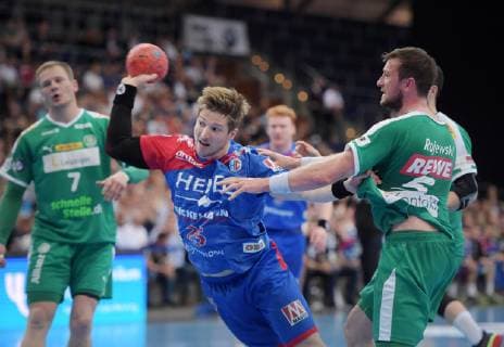 Jan Schffer Schaeffer Erlangen 25 against Andreas Rojewski DHfK 5 at the game SC DHfK Leipzig vs. HC Erlangen, Handball, 1 League, 23 05 19 SC DHfK Leipzig vs. HC Erlangen, Handball, 1 League, 23 05 19 Leipzig Copyright: xEIBNER ChristianxModlax EP_CMA