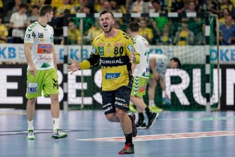 Scorer Jannik Kohlbacher RNL, 80 , cheers on a goal, cheers on a goal, cheers on a goal, celebration, goal celebration, celebrate the goal, goal, celebration, cheers on the goal, optimistic, game scene, highlight, action, action, 23 05 2019, Mannheim, Handball, DKB Bundesliga, Rhein Neckar Löwen FRISCH AUF Göppingen xozx