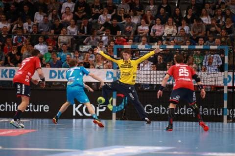 Goalkeeper Torbjorn Bergerud SG Flensburg Handewitt against Bobby Schagen TVB 1898 Stuttgart TVB 1898 Stuttgart SG Flensburg Handewitt, DKB 1 Handball Bundesliga on 23 05 2019 Stuttgart Copyright: xEIBNER Benjamin_Laux EP_BLU