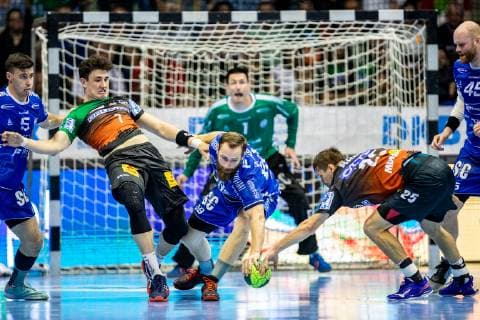 Justus Kluge 7 SC Magdeburg , Moritz Preuss 69 VfL Gummersbach , Marko Bezjak 25 SC Magdeburg during the season 2018 2019 in the 1 Handball Bundesliga Men between SC Magdeburg and VfL Gummersbach in the GETEC Arena on 23 May 2019 in Magdeburg, Sachsen Anhalt Saxony Anhalt , Germany Germany Germany