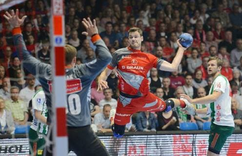 Simon Birkefeldt MT Melsungen at litter Urban Lesjak Goalkeeper Hannover Burgdorf L , GER, MT Melsungen TSV Hannover Burgdorf, Handball, 1 Bundesliga Men, 23 05 2019, GER, MT Melsungen TSV Hannover Burgdorf, Handball, 1 Liga Men, 23 05 2019 Kassel Copyright: xEIBNER RolandxSippelx EP_RSL