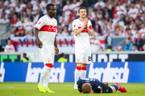 v li Chadrac Akolo VfB Stuttgart and Christian Gentner VfB Stuttgart dissatisfied DFB regulations prohibit any use of photographs as image sequences and or quasi video GER, Football, 1 Bundesliga Relegation, VfB Stuttgart Union Berlin, 20 04 2019 Stuttgart Copyright: xTomxWellerx xEibner-Pressefotox EP_eer