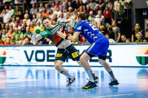 Michael Damgaard 34 SC Magdeburg , Stanislav Zhukov 26 VfL Gummersbach during the season 2018 2019 in the 1 Handball Bundesliga Men between SC Magdeburg and VfL Gummersbach in the GETEC Arena on 23 May 2019 in Magdeburg, Sachsen Anhalt Saxony Anhalt , Germany Germany Germany