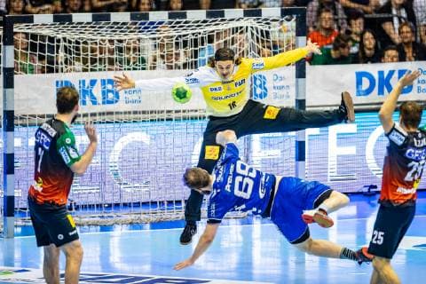 Jannick Green Krejberg 16 SC Magdeburg , Moritz Preuss 69 VfL Gummersbach during the season 2018 2019 in the 1 Handball Bundesliga Men between SC Magdeburg and VfL Gummersbach in the GETEC Arena on 23 May 2019 in Magdeburg, Sachsen Anhalt Saxony Anhalt , Germany Germany Germany