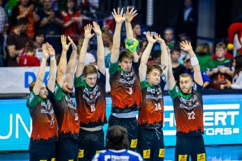 Team SC Magdeburg, Juan Munoz de la Pena 13 SC Magdeburg , Piotr Chrapkowski 3 SC Magdeburg , Michael Damgaard 34 SC Magdeburg , Lukas Mertens 22 SC Magdeburg during the season 2018 2019 in the 1 Handball Bundesliga Men between SC Magdeburg and VfL Gummersbach in the GETEC Arena on 23 May 2019 in Magdeburg, Sachsen Anhalt Saxony Anhalt , Germany Germany