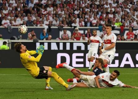 Soccer, Men, Season 2018 2019, Relegation 1 2 Bundesliga first leg , VfB Stuttgart 1 FC Union Berlin, v l Goalkeeper Ron Robert Zieler VfB Stuttgart , Ozan Kabak VfB Stuttgart , Cance Sebastian Andersson 1 FC Union , Marc Oliver Kempf VfB Stuttgart , 23 05 2019, Copyright: xMatthiasxKochx