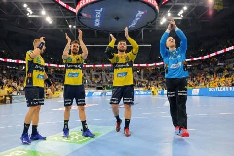 Guojon Valur Sigurosson Loewen , Bogdan Radivojevic Loewen , Jannik Kohlbacher Loewen and Mikael Appelgren Loewen cheer after the victory in the game Rhein Neckar Loewen vs Frisch Auf Goeppingen in the 1 Handball Bundesliga on 23 05 2019, Rhein Neckar Loewen vs Frisch auf Goeppingen, Handball, 1 Handball Bundesliga, 23 05 2019 Mannheim Copyright: xEIBNER MichaelxBermelx EP_eer