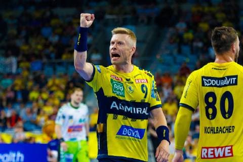 Rhein Neckar Loewen Frisch Auf Göppingen Rhein Neckar Loewe Gudjon Valur Sigurdsson No 9 cheers at the Bundesliga match Rhein Neckar Löwen gegen Frisch Auf Göppingen on 23 05 2019 Mannheim 23 05 19 Handball 32 Spieltag , Mannheim Baden Wuerttemberg Germany SAP Arena