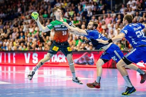 Michael Damgaard 34 SC Magdeburg , Moritz Preuss 69 VfL Gummersbach during the season 2018 2019 in the 1 Handball Bundesliga Men between SC Magdeburg and VfL Gummersbach in the GETEC Arena on 23 May 2019 in Magdeburg, Sachsen Anhalt Saxony Anhalt , Germany Germany Germany