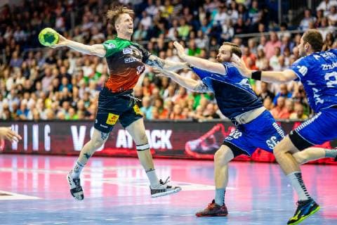 Michael Damgaard 34 SC Magdeburg , Moritz Preuss 69 VfL Gummersbach during the season 2018 2019 in the 1 Handball Bundesliga Men between SC Magdeburg and VfL Gummersbach in the GETEC Arena on 23 May 2019 in Magdeburg, Sachsen Anhalt Saxony Anhalt , Germany Germany Germany