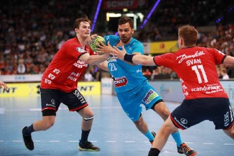 Lukas von Derschwanden TVB 1898 Stuttgart will fight against the defence of SG Flensburg Handewitt by TVB 1898 Stuttgart SG Flensburg Handewitt, DKB 1 Handball Bundesliga on 23 05 2019 Stuttgart Copyright: xEIBNER Benjamin_Laux EP_BLU