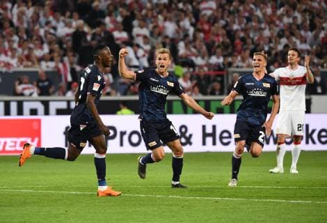 Soccer, Men, Season 2018 2019, Relegation 1 2 Bundesliga first leg , VfB Stuttgart 1 FC Union Berlin, v l Suleiman Abdullahi 1 FC Union , Sebastian Andersson 1 FC Union , Grischa Prömel 1 FC Union Berlin , Christian Gentner VfB Stuttgart , Jubel nach Tor zum 1 1, 23 05 2019, Copyright: xMatthiasxKochx