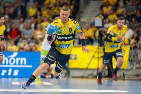 Rhein Neckar Loewen Goeppingen Mannheim, Germany 23 May 2019 Handball Bundesliga 31 Matchday, at the SAP Arena Gudjon Valur Sigurdsson Loewen , action single frame clipping with ball facial expression strong facial emotion with ball